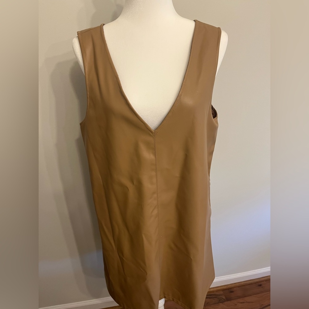Elegant Tan Sleeveless Shift Dress in Vegan Leather